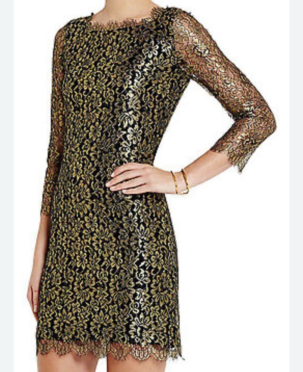 Diane Von Furstenberg Dress Size 2 Gold Metallic Lace Lined Long Sleeve Cocktail